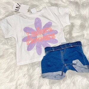 🌸Zara Kids White Tee I ADORE FLOWERS and Blue Jegging Shorts Set NWT tee🌸